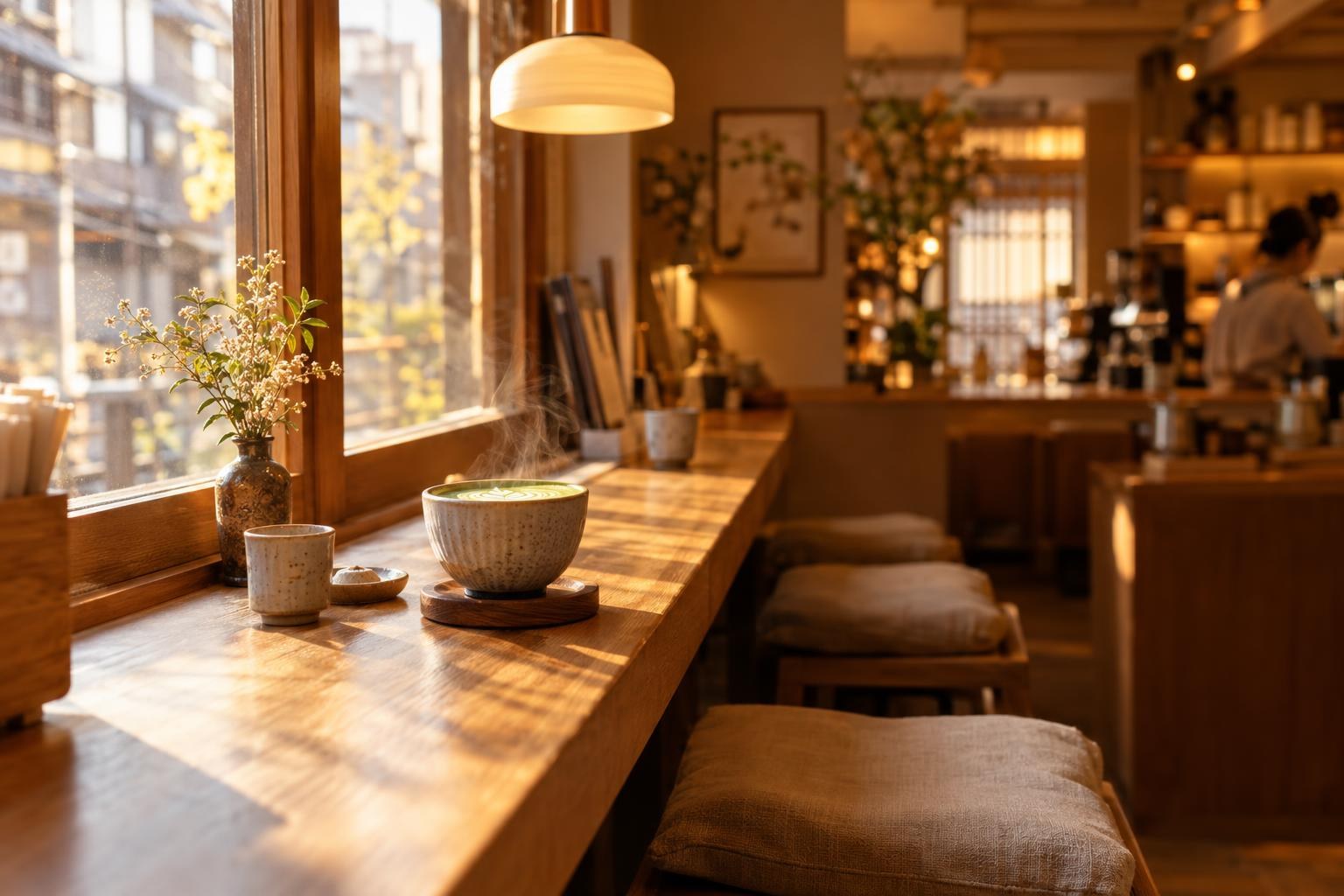 Cafe Momo's window counter in warm afternoon light