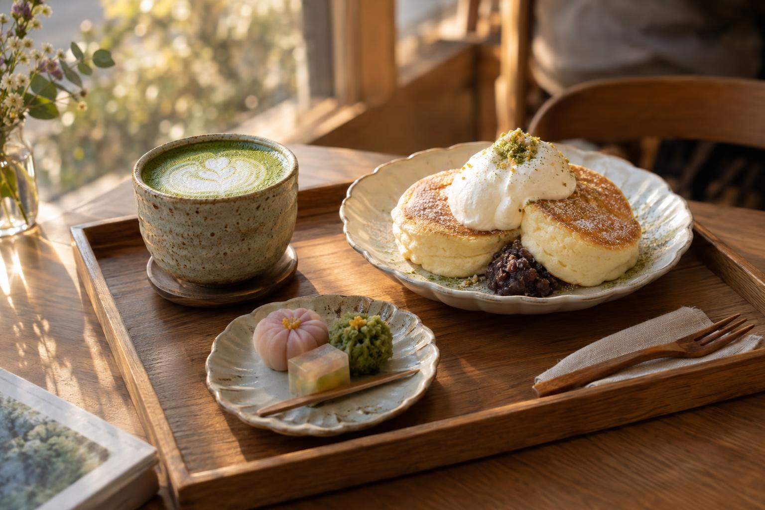 Matcha latte, mini soufflé pancakes and wagashi on a tray